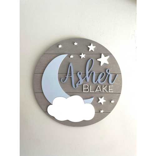 Moon, Cloud and Stars Nursery Name Sign: Baby boy wall decor in blue for celestial Baby Name