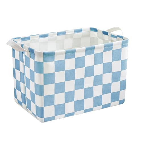 Ohocut Blue Checkered Canvas Basket, Rectangular Organizing Decorative Storage Basket for Kids, Dog Toy, Cute Aesthetic Boys Room Decor for Home, Kitchen, Bedroom, Classroom, Shelves