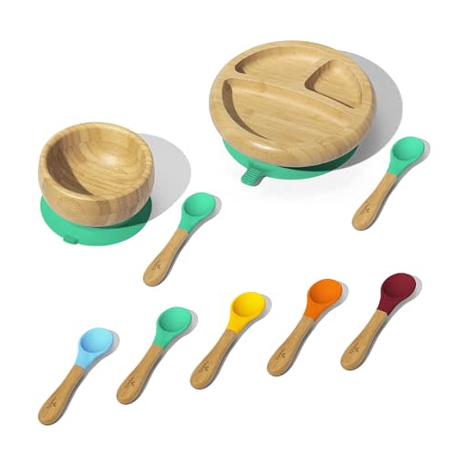 Avanchy Bamboo Baby Divided Plate, Bowl & Spoons Set - BPA Free, Suction Cup Bowl, Baby-Led Weaning, 3 Pieces, Green
