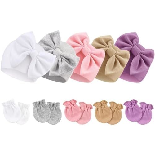 BQUBO Newborn Baby Girls Hats Mittens Set Hospital Hat Beanie Infant Bow Hats Baby Cotton Gloves for 0-6 Months