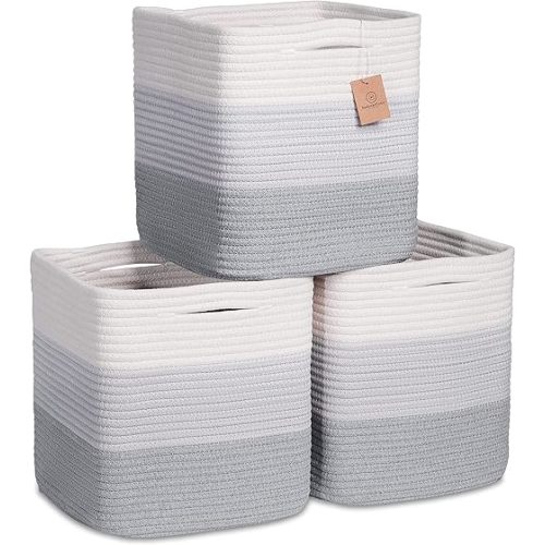 NaturalCozy Storage Cubes 11 Inch Cotton Rope Woven Baskets for Organizing, 3-Pack | Cube Storage Bin | Square Storage Baskets for Shelves Organizer, Classroom, Kids Toy Bins, Closet, Baby Nursery