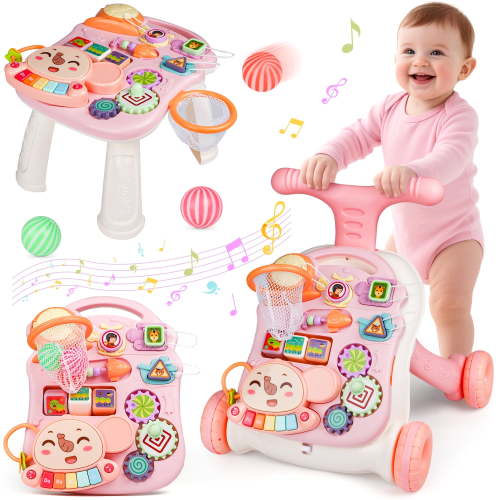 Beefunni Musical Baby Activity Center, Pink Baby Walker & Learning Table Sit To Stand for Boys Girls 6 Months up, Fun Educational Toy Christmas Gifts for Babies