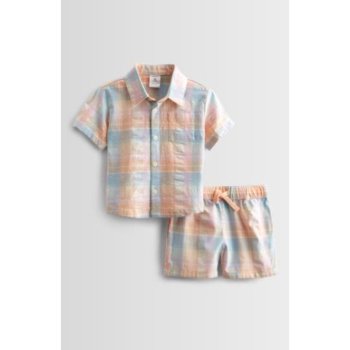Seersucker Short Sleeve Button-Up Shirt & Drawstring Shorts Set, 12M