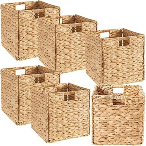 Ornavo Home 10.5 x 10.5 Inch Water Hyacinth Baskets Set of 6 – Handwoven Collapsible Wicker Storage Cube Bins with Handles for Bathroom, Bedroom, Laundry and Pantry - Natural