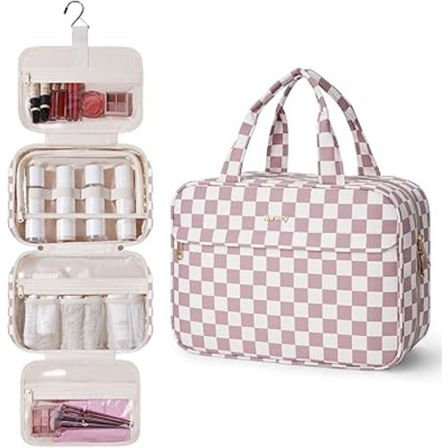 Narwey Hanging Travel Toiletry Bag for Women Checkered Makeup Bag Organizer Cosmetic Make up Toiletries Bag for Travel Essentials Accessories (Dusty Pink Checkerboard, Large)