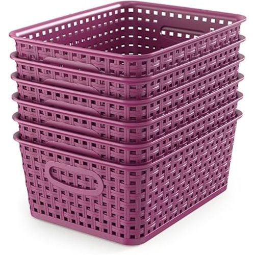 WYT 6-Pack Plastic Small Shelf Storage Weave Baskets Organizing for Cabinets and Pantries, Deep Purple