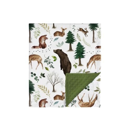 HawSkgFub Woodland Animal Mink Baby Blanket with Dotted Backing Boy Girl Gift, Green Forest Bear Fox Deer Double Layer Nursery Bed Blankets, Soft Plush Newborn Infant Toddler Kid Crib Bedding 30 x 40