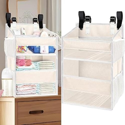 Hanging Diaper Organizer for Changing Table,Cribs,Car,Playard or Wall & Nursery Organization-Durable 2-Tier Diaper Caddy with Mesh Pockets and Viewable Design, Won't Deform, Crib Accessories, Beige