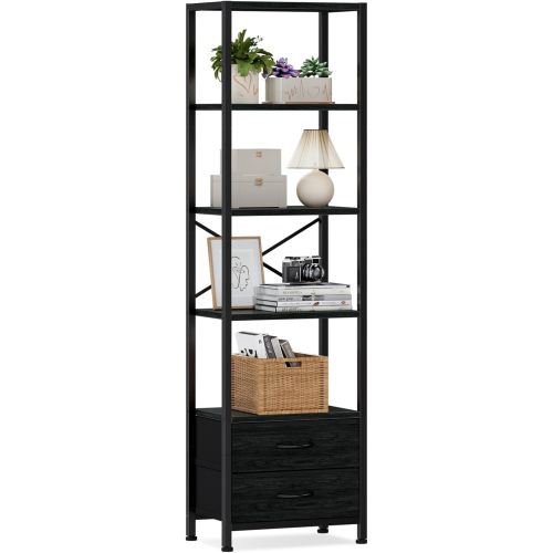 Furnulem 5-Tier Corner Shelf, Narrow Bookshelf with 2 Storage Drawers, 65.16" Tall Bookcase, Standing Shelf Organizer Unit for Living Room, Bedroom, Metal Frame, Wood Display Shelf(Black Oak)