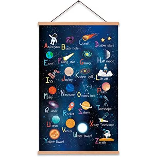 KAIRNE Outer Space Art Print With Wood Magnetic Poster Hanger Frame, Astronomy Alphabet Letters Canvas Wall Art,Abstract Universe Educational Poster,35X56CM Hanging Painting For Home Classroom Decor