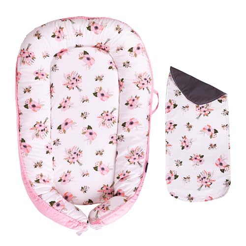 Baby Lounger - Infant & Newborn Lounger with 2-Inch Mattress Pad, Soft Baby Lounger Cover, Waterproof Urine Liner & Pad Cover - Available in 15 Patterns - BL06 Cotton Pink Flowers