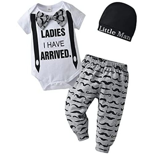KuKitty Newborn Infant Baby Boy Clothes Long Sleeve Romper + Pants + Hat 3PCS Outfits Set