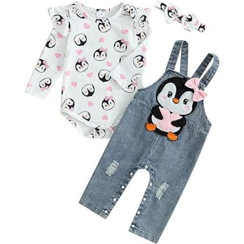 Newborn Baby Girl Valentines Day Outfit Long Sleeve Romper Heart Onesie Denim Overalls Cute Coming Home Outfit