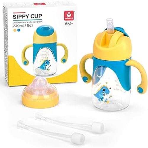 hahaland Sippy Cup for 6+ Month Old - 2 in 1 Spout & Straw Sippy Cups for Toddlers 1-3 No Spill Transition Weighted Straw Toddler Cups - 1 Cup with 2 Nipples