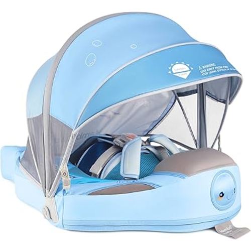 Mambobaby Baby Pool Float with Removable Sun Canopy - Non Inflatable Infant Swim Float with Anti-Flip Tail Design, Waterproof & Skin-Friendly Baby Float for Swimming (3-24 Months)