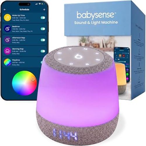 Babysense Baby Sound Machine with Night Light for Sleeping - Smart Portable Nursery White Noise Machine for Babies & Kids, Free App, No Subscription, 28 Sounds, Ok-to-Wake Alarm Clock, Sleep Timer