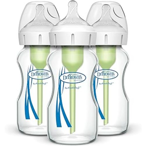 Dr. Brown's Natural Flow Anti-Colic Options+ Wide-Neck Glass Baby Bottles 9 oz/270 mL, with Level 1 Slow Flow Nipple, 3 Pack, 0m+
