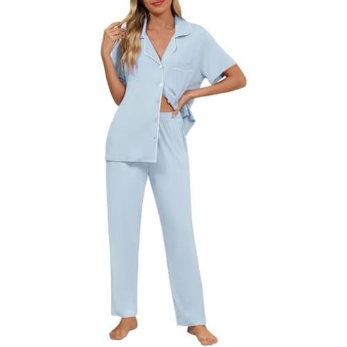 Senert Women Pajamas Set Short Sleeve Sleepwear Button Down Shirt with Long Pants Soft Pjs Set Nightwear Lounge Sets S-XXL