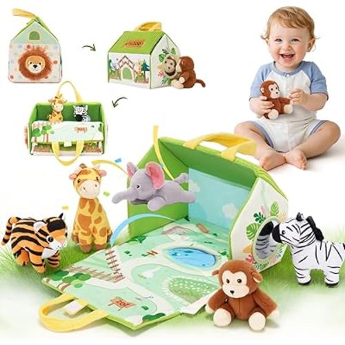 OUOZZZ 1 2 3 Year Old Toys - Mini Zoo Stuffed Animals Set – Interactive Plush Toys for Babies & Toddlers, Travel-Friendly & Huggable, Portable Gift, Safe & Washable 9.8"
