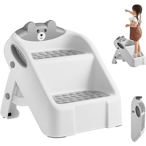 Toddler Step Stool for Bathroom Sink, 2 Step Stools for Kids, Kids Step Stool with Safety Non-Slip Pads and Handles, Foldble Kids Stool, Toddler Stool for Kitchen Toilet Counter Bed (Grey)