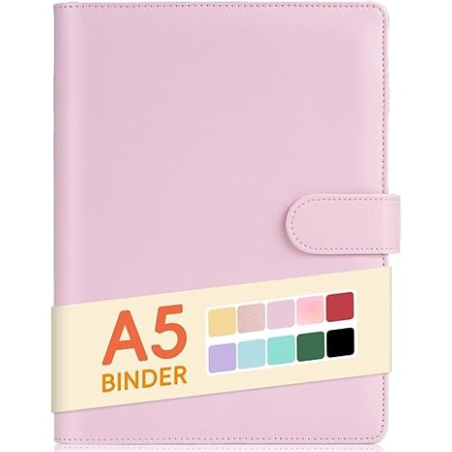 Sooez A5 Binder 6 Ring, Refillable Notebook Planner Cover, Small Leather Organizer Empty Binder for Budget,Journal,Photocard Holder,Recipe Book, Aesthetic Loose Leaf Binder with Magnetic Buckle, Pink