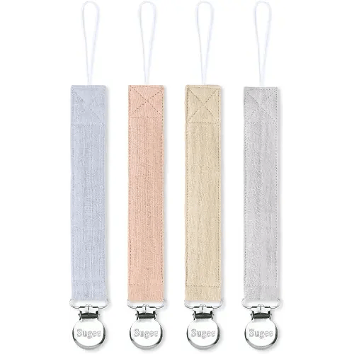 Pacifier Clip for Baby Boy and Girl - Linen Soft Fabric Pacifier Hold with Clip for Binky, Leash Soothie Holder Unisex 4 Pack (Blue)