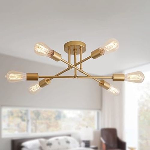 Gold Modern Sputnik Chandelier Ceiling Light Fixtures,6-Lights Industrial Metal Semi Flush Mount Ceiling Light for Bedroom Dining Room Living Room Kitchen Hallway UL Listed
