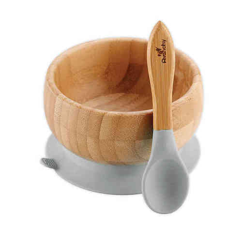 Avanchy Bamboo + Silicone Suction Baby Bowl and Spoon in Grey