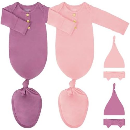 2Pack Newborn Baby Knotted Gown, Super Soft Modal Infant Long Sleeve Sleeper with Hat and Headband Set