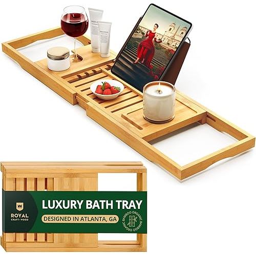 ROYAL CRAFT WOOD Premium Foldable Bathtub Tray - Wood Bath Tray for Tub, Bamboo Bathtub Shelf, Expandable Bath Table Tray, Luxury Bathtub & Bathroom Accessories for New Home & Unique Gift for Women