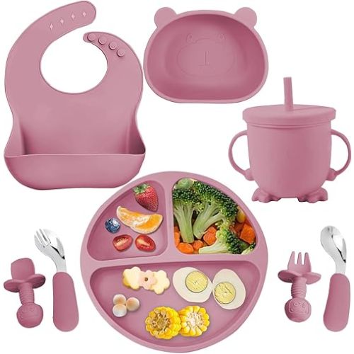 Baby Led Weaning Supplies 8 Pack Silicone Baby Feeding Set, Suction Baby Divided Plate and Bowl Set、Baby Spoon and Fork, Adjustable Bib, Baby Self Feeding Eating Utensils for 6+ Months-Deep Pink