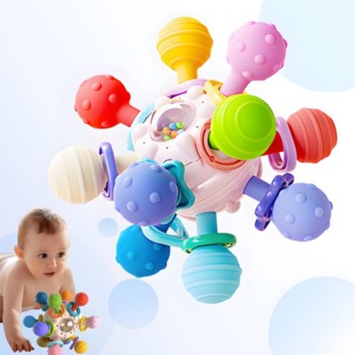 Mangobob Sensory Teething Toys - Montessori Learning Developmental Toys, Teething Ball, Rattle Sensory Infant Chew Toys, Pink