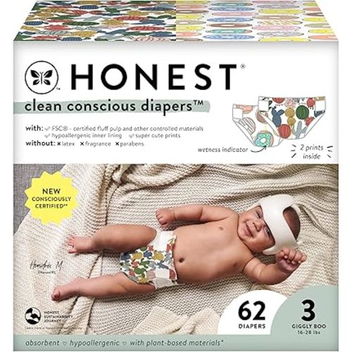 The Honest Company Clean Conscious Diapers | Plant-Based, Sustainable | Cactus Cuties + Donuts | Club Box, Size 3 (16-28 lbs), 62 Count