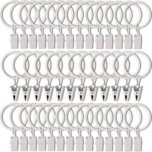 40 Pack Curtain Rings with Clips, Drapery Clips with Rings, Drapes Rings 1.26 in Interior Diameter, Fits up to 1 in Curtain Rod, White