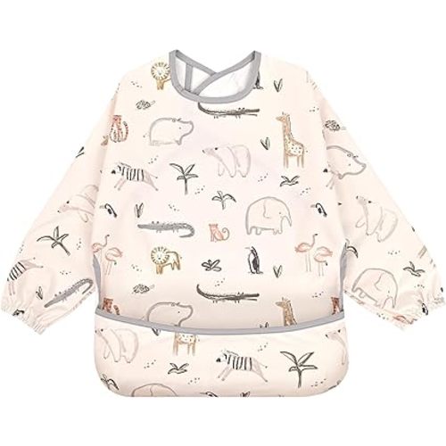 Little Dimsum Mess-Proof Baby Bibs|Infant Toddler Long Sleeve Waterproof Feeding Smock|Catching Food & Wipe Clean(zoo)