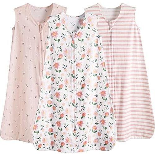 PHF Soft Baby Sleep Sack 0-6 Months 100% Cotton Wearable Blanket, 2-Way Zipper 0.5 TOG Toddler Sleeping Sack 3 Pack, Comfy Sleep Bag for Baby Girls, Pink Floral (Small)