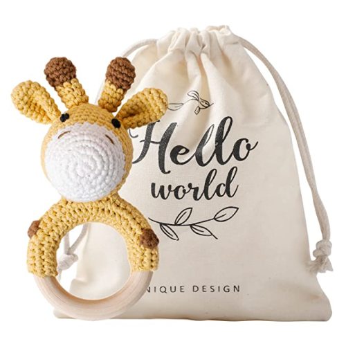 Crochet Baby Rattle, Baby Rattles 0-6 Months, Handmade Newborn Toys, Organic Wooden Baby Rattle, Animal Baby Rattle，Knitted Stuffed Animals Gifts for Baby, Giraffe Rattle