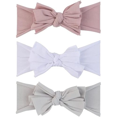 Ely's & Co. Bow Headband Set for Baby Girl 0-12 Months (Mauve Lavender, Grey & White, 3 Pack)