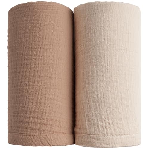 Konssy Muslin Swaddle Blankets for Boys Girls, 2 Pack Receiving Baby Blanket Large 47 x 47 inches, Soft Breathable Swaddling Wrap for Unisex Newborn (Brown, Cream)