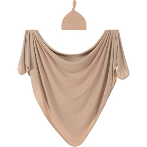 Large Jersey Knitted Swaddle Blanket for Baby, Soft Stretchy Receiving Blanket for Newborns with Hat, Large 47 x 47 inches (Muted Fawn), BY001