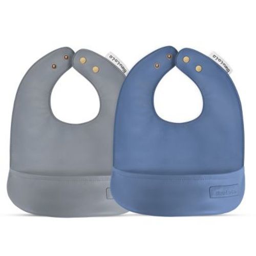 Set of Easy Clean Vegan Leather Buttery Soft Baby Bibs with Pocket Steel Blue + Gray - 0-12 Months