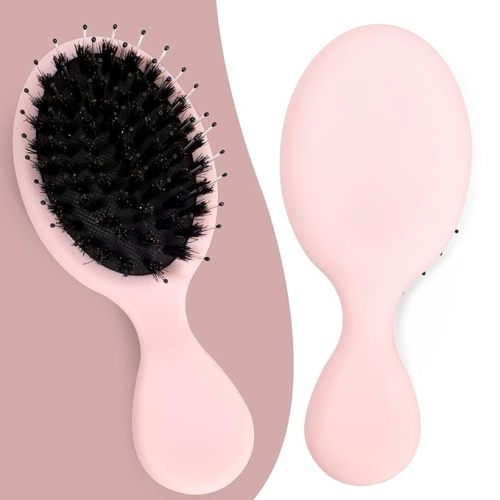 Mini Boar Bristle Hair Brush with Nylon Pins - Detangling Travel Hair Brush for Thick Long Curly Hair, Smoothing & Shine Pocket Size Brush for Women & Kids, Pink