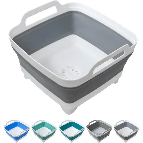 Dishpan for Washing Dishes, 2.4Gal/9L Wash Basin with Draining Plug Carry Handles, Collapsible Bucket for Cleaning, Portable Sink, Foldable Plastic Tub