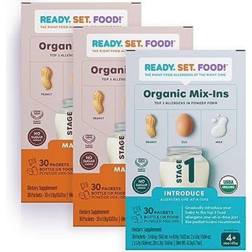 Ready, Set, Food! Stage 1 & 2 Mix-ins – Safe&Easy Early Allergen Introduction, Babies 4+ Months, Mix with Breastmilk, Formula & Baby Food, with 3 Top Allergens: Organic Peanuts, Milk & Eggs (90 Days)