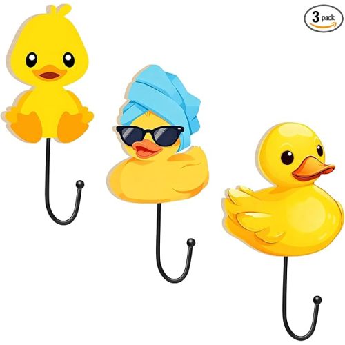 Kathfly 3 Pcs Rubber Duck Coat Hooks Wooden Large Yellow Duck Hat Hooks Wall-Mounted Decorative Wall Hanger for Home Bedroom Bathroom Decor Hanging Coats Bags Towels