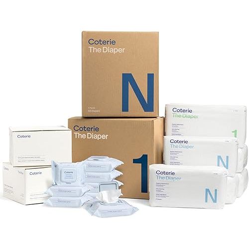 Coterie Baby Diapers + Wipes Kit, Size 1 (99 Count) Size Newborn (93 Count) 8 Travel Wipe Packs (144 Count) Made with Plant-Based Fibers, Hypoallergenic, Designed for Sensitive Skin, Clean Ingredients