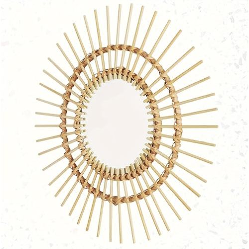 Round Natural Rattan Mirror, Boho Mirror Wall Hanging Decor, 19 Inch Rustic Sunflower Handmade Circle Mirrors for Nursery Bedroom Living Room Bathroom Wall Décor
