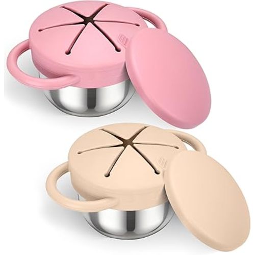 Palksky Toddler Snack Cups Stainless Steel for Kids, 2Pack 3-in-1 Snackle Containers with Spill-Proof Silicone Lids,Handles, Metal Baby Snack Box No-Spill for On-The-Go, Travel - Yellow and Pink