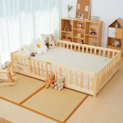 Full Floor Bed for Kids-Full Montessori Bed Frame with Wood Slats and Door and Slats, Wood Toddler Floor Beds for Girls and Boys, Natural
