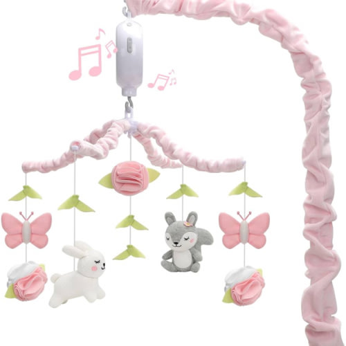 NICEMER Baby Crib Mobile for Girls, Soft Knitted Woodland Characters Rabbit Squirrel, Pink and White Nursery Decor, Calming Soother with 12 Lullabies Essential and Perfect Gift for Girls
